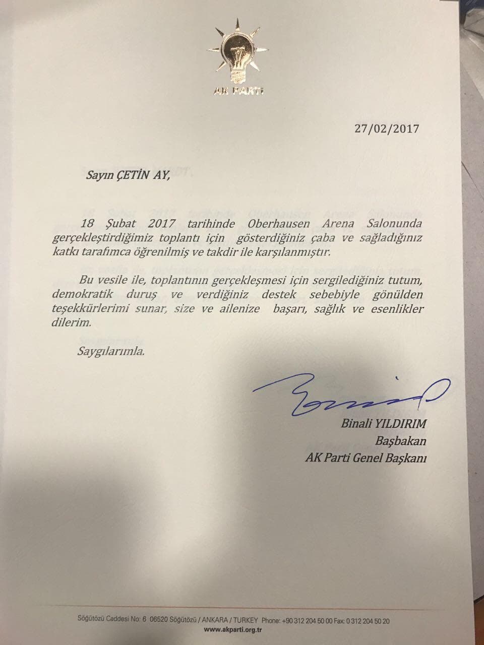Binali Yıldırım imzalı AK Parti teşekkür mektubu, 27 Şubat 2017